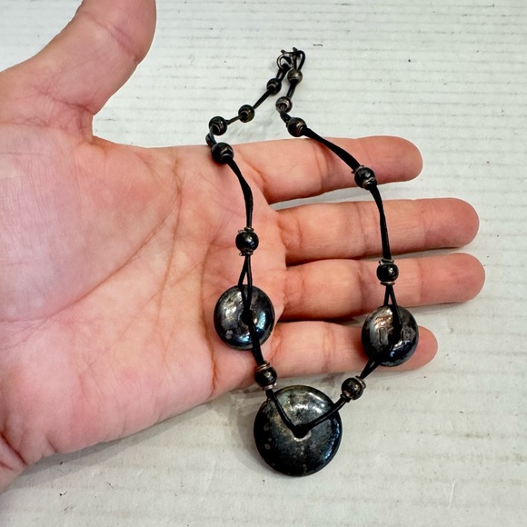 Sterling Silver Round Puffer Circle Discs Leather Cord Necklace Made in Italy - Picture 13 of 16